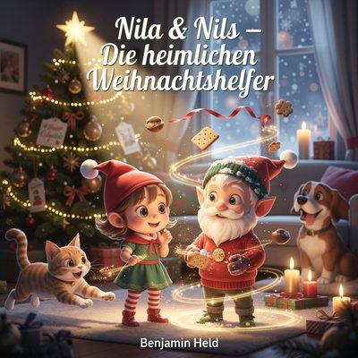 Liedcover: Nila und Nils mit Katze und Hund vor dem Weihnachtsbaum