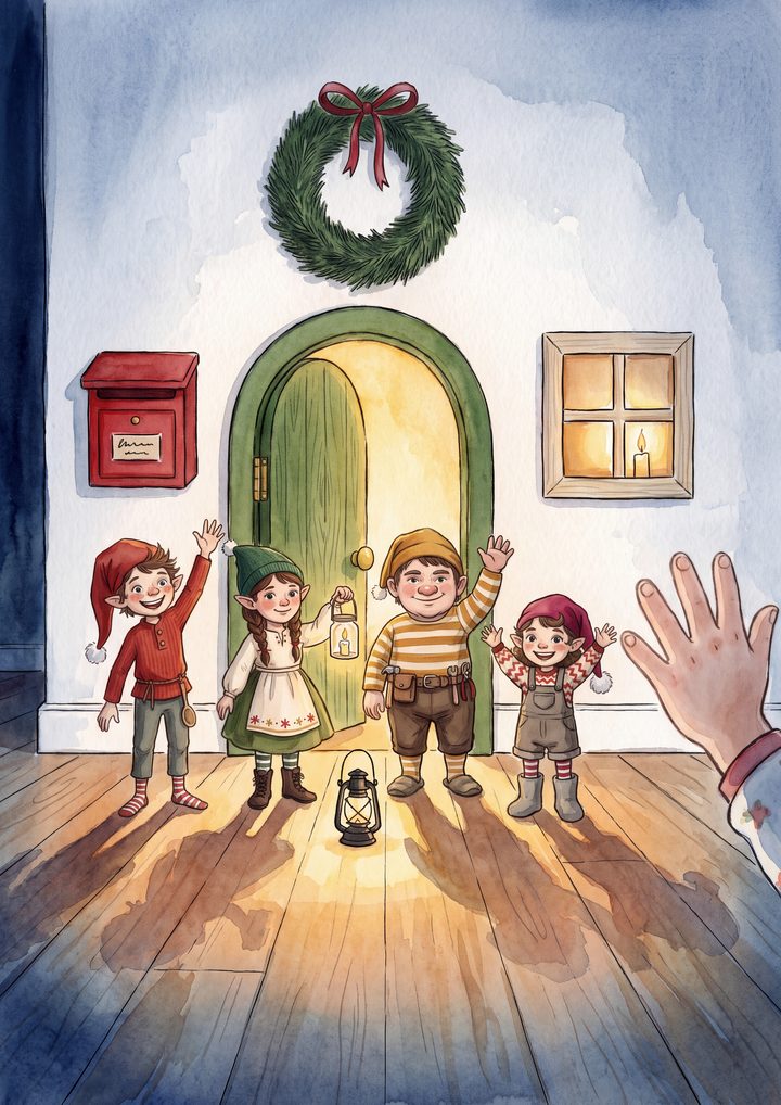 Die vier Nissen Nils, Nila, Ole und Leni stehen vor ihrer offenen Tür und winken zum Abschied.